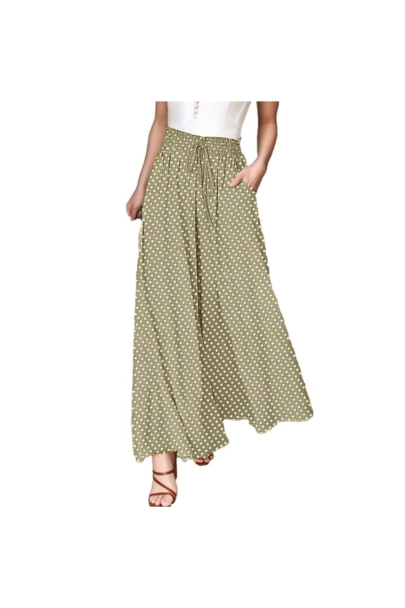 Palazzo Pants for Women Elasticated Waist Wide Leg Pants Skirt Summer Loose Pleated Lounge Pants with Pockets Baggy Casual High Waisted Pants Double Layer Chiffon Maxi Skirts