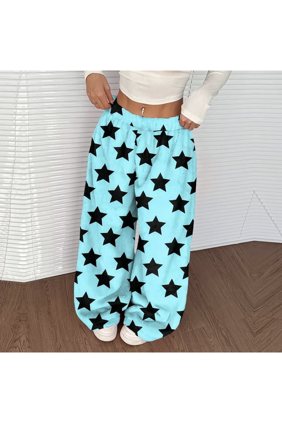 Palazzo Pants for Women Fuzzy Wide Leg Fleece Pj Bottoms Soft Fluffy Star Print Pants 2025 Fashion Holiday Party Elastic Waist Pjs Sleep Bottoms Cyan L