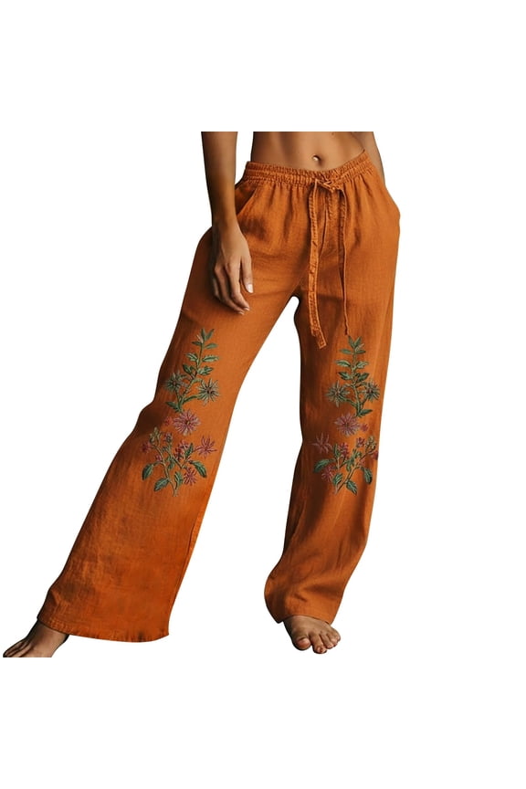 Palazzo Pants for Women, High Waist Drawstring Linen Wide Leg Pants with Floral Embroidery Pockets Flowy Loose Fit for Bohemian Style Daily Wear, Orange M