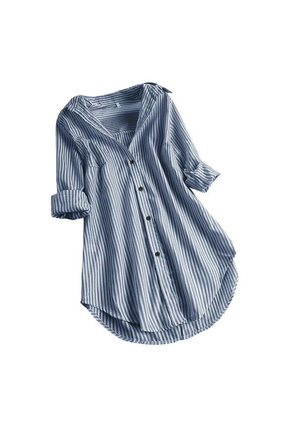 Womens Long Shirts Plus Size Chic Striped Blouse Tops Ladies Casual Turn-Down Collar Button Down Top Sale Loose Long Sleeve Basic Fall Striped Shirt Tunics Curved Hem Detail
