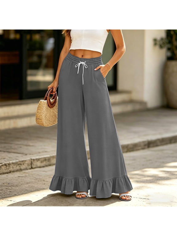 Palazzo Pants for Women Ruffle Petite Wide Leg Gaucho Pants Casual Flared Drawstring 2026 Fashion Flowy Beach Pull On Trousers with Pockets Dark Gray S
