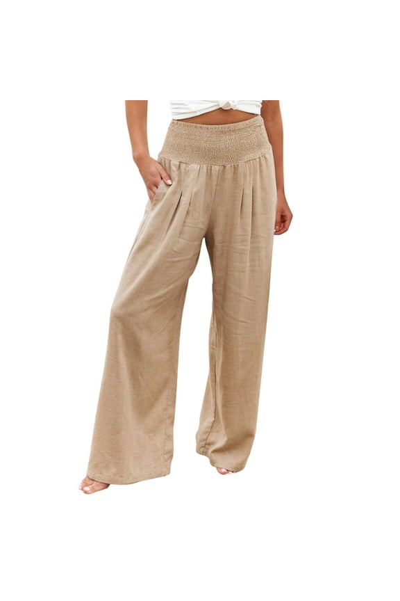 Palazzo Pants for Women Summer High Waist Wide Leg Palazzo Pants For Women Smocked Elastic Waist Loose Comfy Casual Pajama Pockets Comfy plus Size plus Size Casual Rompers Straight Leg Cordu Brown 5XL