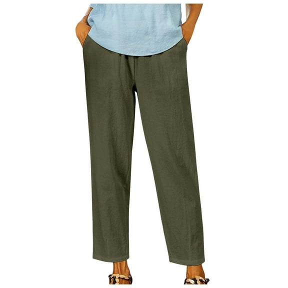 Palazzo Pants for Women Women Solid Color Elastic Waist Linen Versatile Straight Casual Nine Point Pants Wide Leg Womens Wide Leg Casual plus Size Womens with Pockets Striped Pant Green S