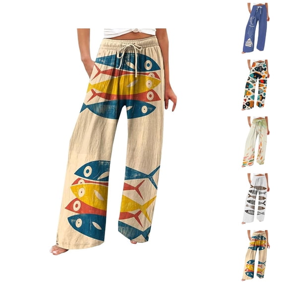 Palazzo Pants for Women 2026 Spring Summer Elastic High Waist Wide Leg Loose Flowy Cotton Linen Beach Pants with Pockets