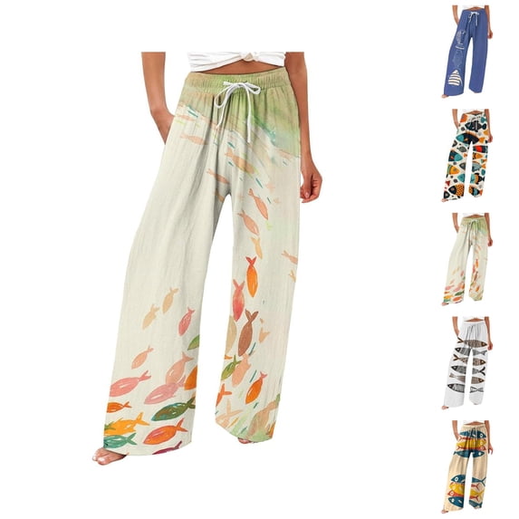 Palazzo Pants for Women 2026 Spring Summer Elastic High Waist Wide Leg Loose Flowy Cotton Linen Beach Pants with Pockets