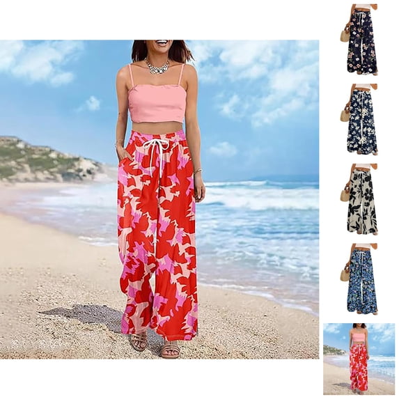 Palazzo Pants for Women 2026 Spring Summer Floral Print Elastic High Waist Wide Leg Loose Flowy Boho Beach Pants with Pockets
