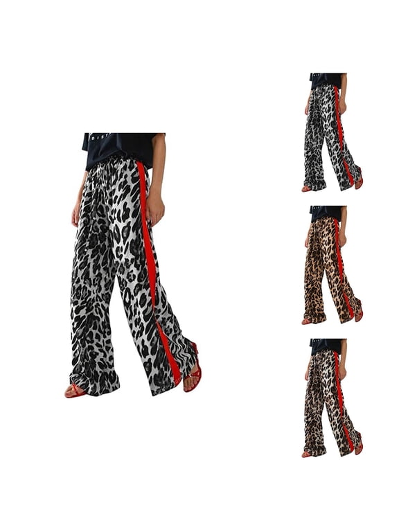 Palazzo Pants for Women 2026 Spring Summer Leopard Print Loose Fit Elastic Waist Wide Leg Flowy Pants with Pockets