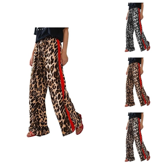 Palazzo Pants for Women 2026 Spring Summer Leopard Print Loose Fit Elastic Waist Wide Leg Flowy Pants with Pockets