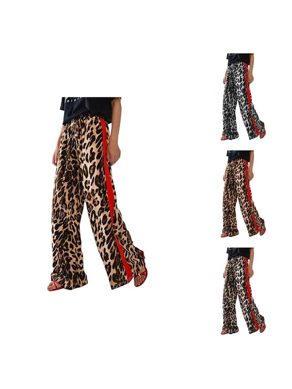 Palazzo Pants for Women 2026 Spring Summer Leopard Print Loose Fit Elastic Waist Wide Leg Flowy Pants with Pockets