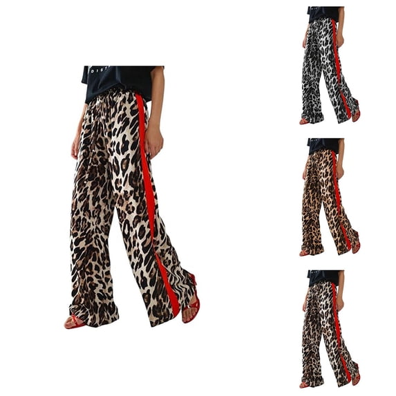 Palazzo Pants for Women 2026 Spring Summer Leopard Print Loose Fit Elastic Waist Wide Leg Flowy Pants with Pockets