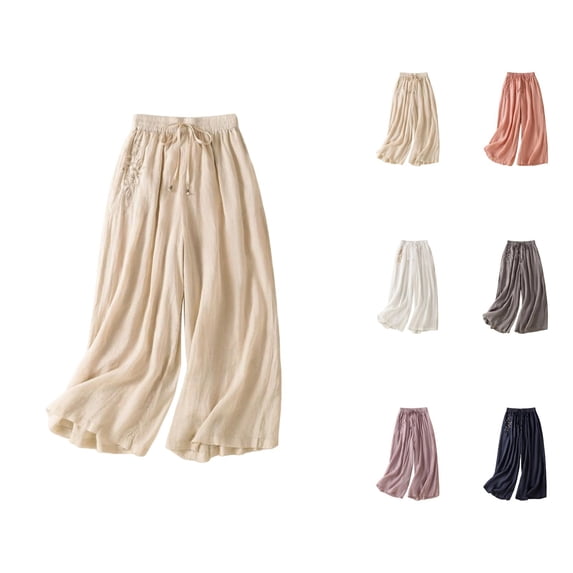 Palazzo Pants for Women 2026 Spring Summer Loose Fit Cotton Linen Elastic Waist Wide Leg Flowy Embroidery Beach Pants
