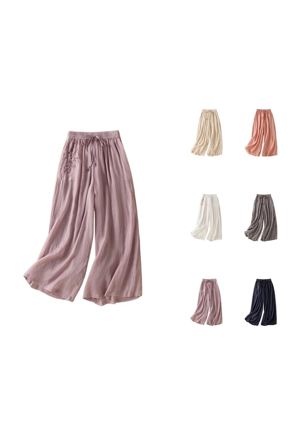 Palazzo Pants for Women 2026 Spring Summer Loose Fit Cotton Linen Elastic Waist Wide Leg Flowy Embroidery Beach Pants