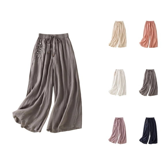 Palazzo Pants for Women 2026 Spring Summer Loose Fit Cotton Linen Elastic Waist Wide Leg Flowy Embroidery Beach Pants