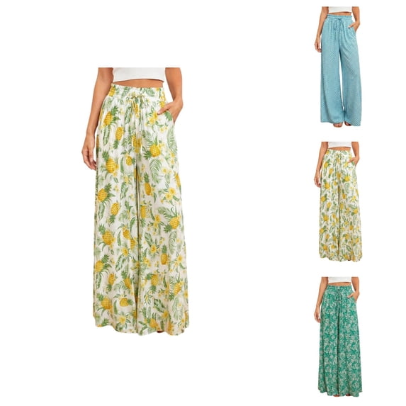 Palazzo Pants for Women 2026 Spring Summer Loose Fit Elastic High Waist Wide Leg Flowy Boho Beach Pants with Pockets