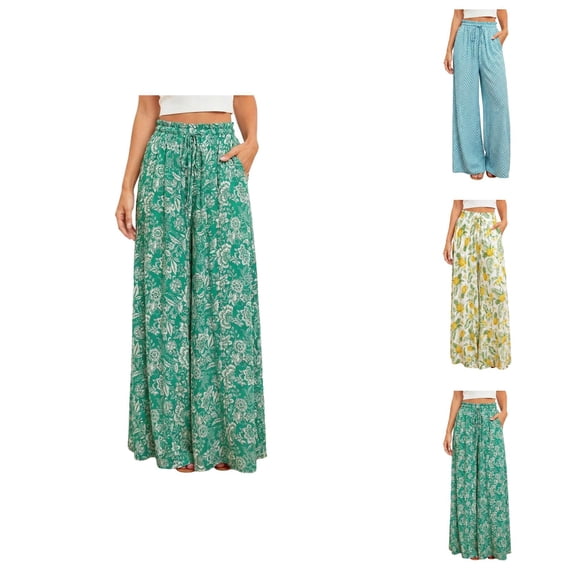 Palazzo Pants for Women 2026 Spring Summer Loose Fit Elastic High Waist Wide Leg Flowy Boho Beach Pants with Pockets