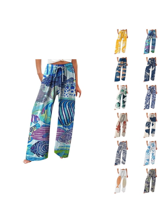 Palazzo Pants for Women 2026 Spring Summer Loose Fit Elastic High Waist Wide Leg Flowy Cotton Linen Beach Pants with Pockets