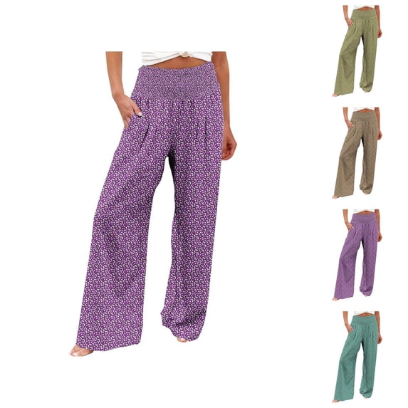 Palazzo Pants for Women 2026 Spring Summer Loose Fit Smocked High Waisted Wide Leg Flowy Boho Beach Pants with Pockets