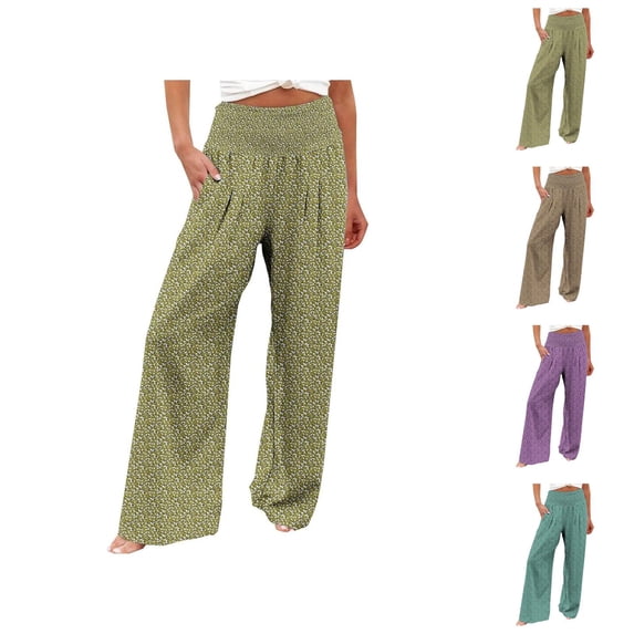 Palazzo Pants for Women 2026 Spring Summer Loose Fit Smocked High Waisted Wide Leg Flowy Boho Beach Pants with Pockets
