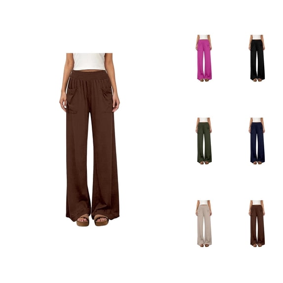 Palazzo Pants for Women 2026 Trendy Elastic High Waist Wide Leg Flared Casual Loose Flowy Beach Pants with Pockets