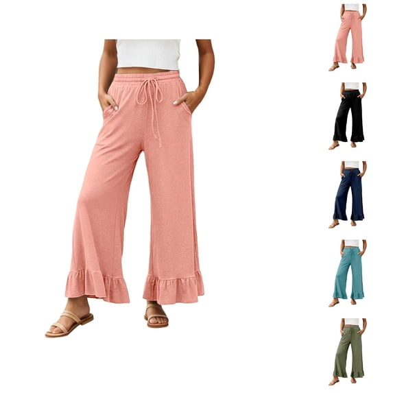 Palazzo Pants for Women 2026 Trendy Elastic Waist Wide Straight Leg Ruffle Hem Cropped Flowy Beach Pants with Pockets