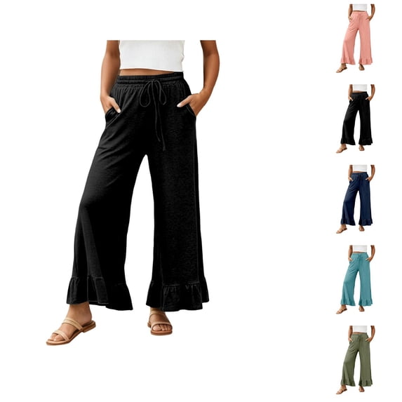 Palazzo Pants for Women 2026 Trendy Elastic Waist Wide Straight Leg Ruffle Hem Cropped Flowy Beach Pants with Pockets