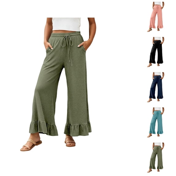 Palazzo Pants for Women 2026 Trendy Elastic Waist Wide Straight Leg Ruffle Hem Cropped Flowy Beach Pants with Pockets