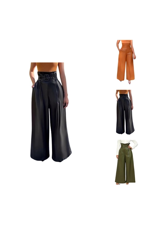 Palazzo Pants for Women 2026 Trendy High Waisted Belted Wide Leg Flowy Leather Pants Clubwear Dancewear