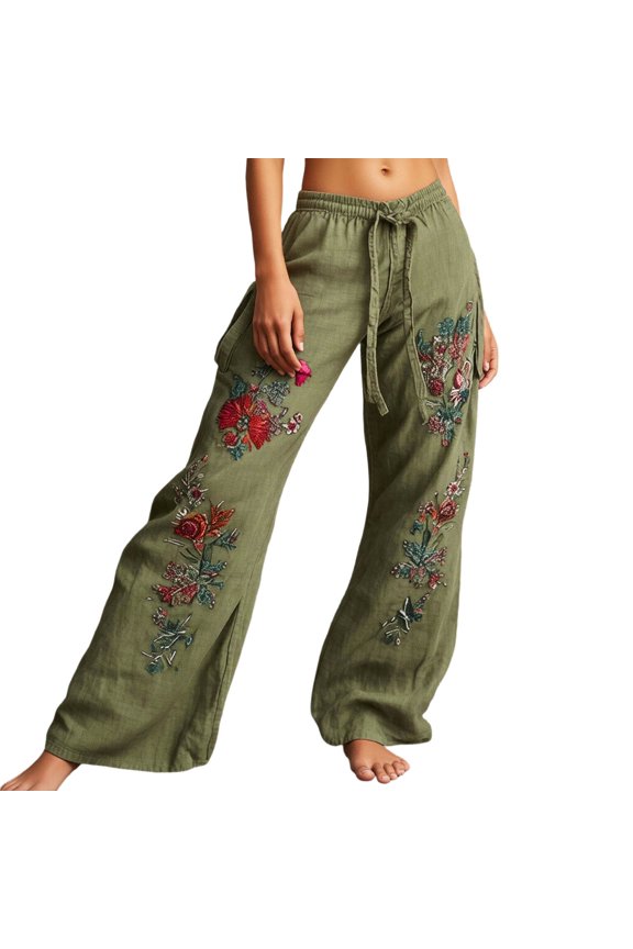 Palazzo Pants for Women Bohemian Floral Print Wide Leg Trousers with Drawstring Waist Flowy Fit Army Green L