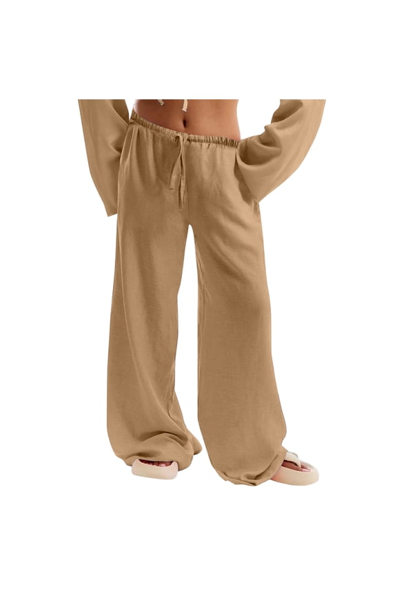 Palazzo Pants for Women Casual Elastic Waist Wide Leg Pants Boho Drawstring Flowy Travel Beach Vacation Clothes Camel 2XL