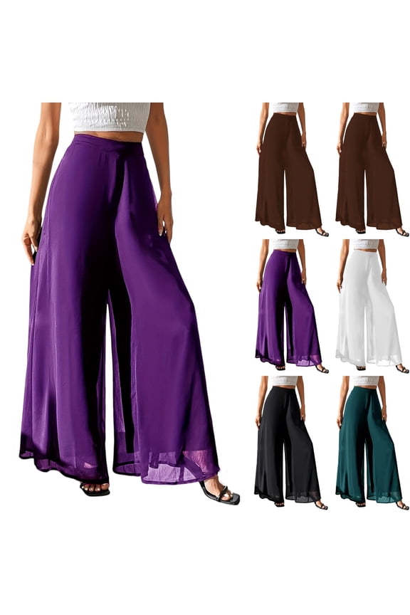 Palazzo Pants for Women Casual Flowy Chiffon Pants Dressy Lightweight Loose Wide Leg Summer Culottes with Lining Purple S