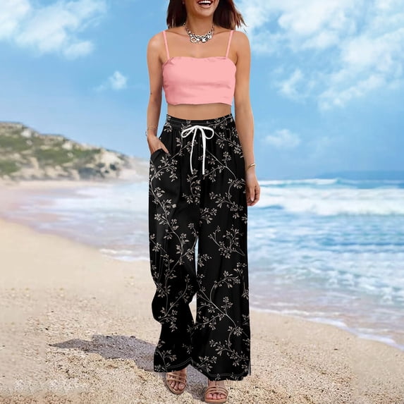 Palazzo Pants for Women Casual High Waist Wide Leg Floral Elastic Lounge Trousers with Pockets Gray S