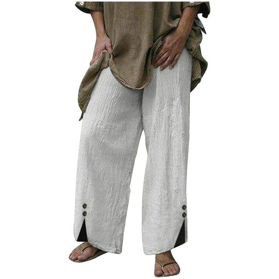 Palazzo Pants for Women Casual Loose High Waisted Wide Leg Trousers Split Button Solid Baggy Flowy Lounge Pants