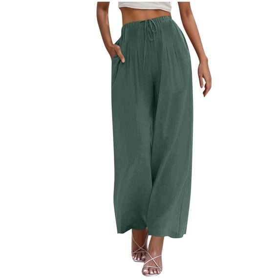 Palazzo Pants for Women Cotton Linen Summer Flowy Wide Leg Trousers Casual Loose Lightweight Beach Pants with Pockets Army Green M