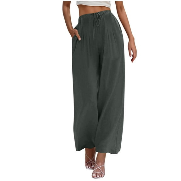 Husipze Palazzo Pants for Women Cotton Linen Summer Flowy Wide Leg Trousers Casual Loose Lightweight Beach Pants with Pockets Dark Gray 2XL