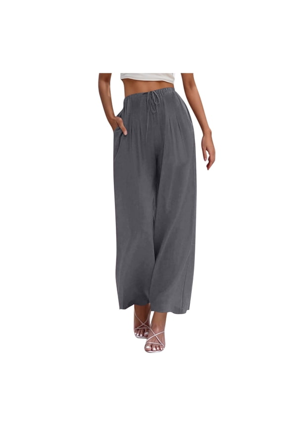 Palazzo Pants for Women Cotton Linen Summer Flowy Wide Leg Trousers Casual Loose Lightweight Beach Pants with Pockets Gray S
