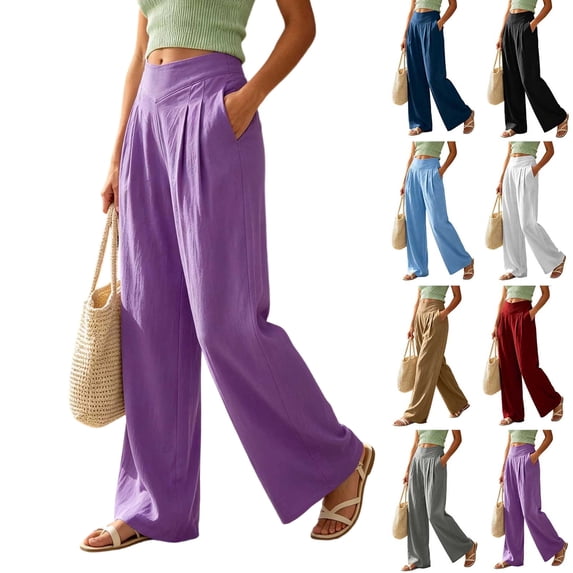 Palazzo Pants for Women Dqueduo Women's Casual Solid Color Pleated Elastic Waist Pocketed Linen-Look Straight Leg Pants, 8 Colors Purple S