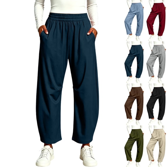 Palazzo Pants for Women Dqueduo Women's High-Waisted Elastic Waist Pocket Pants – Casual Straight-Leg Trousers Dark Blue S