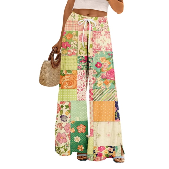Palazzo Pants for Women Drawstring High Waist Wide Leg Floral Pant Summer Boho Causal Pants with Pockets, 2XL
