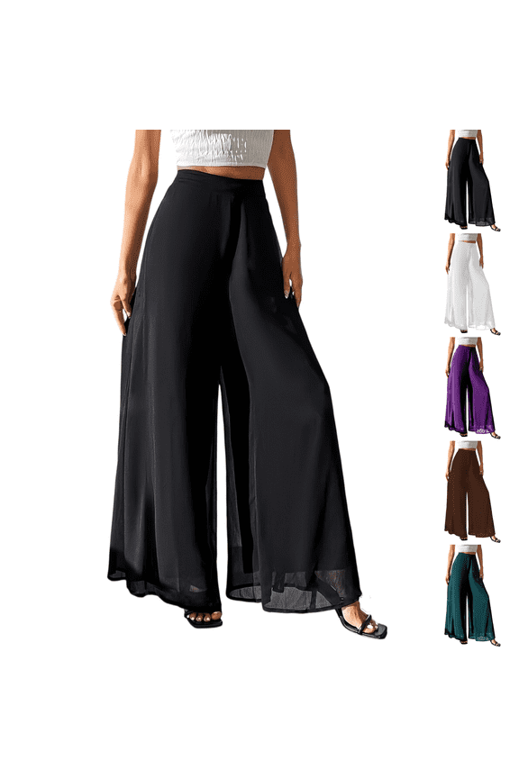 Palazzo Pants for Women Dressy Casual Elastic High Waisted Wide Leg Chiffon Pants Formal Flowy Skirt Pant Culottes Black S