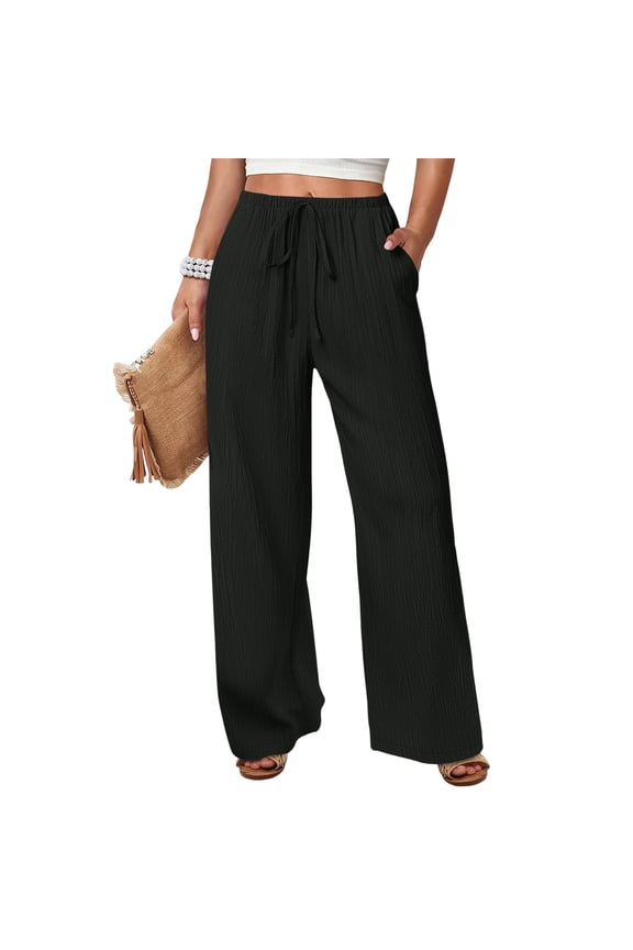 Palazzo Pants for Women Dressy Casual Summer Flowy Wide Leg Beach Pants with Pockets Elastic High Waist Lounge Trousers Black L 29" Insaeam