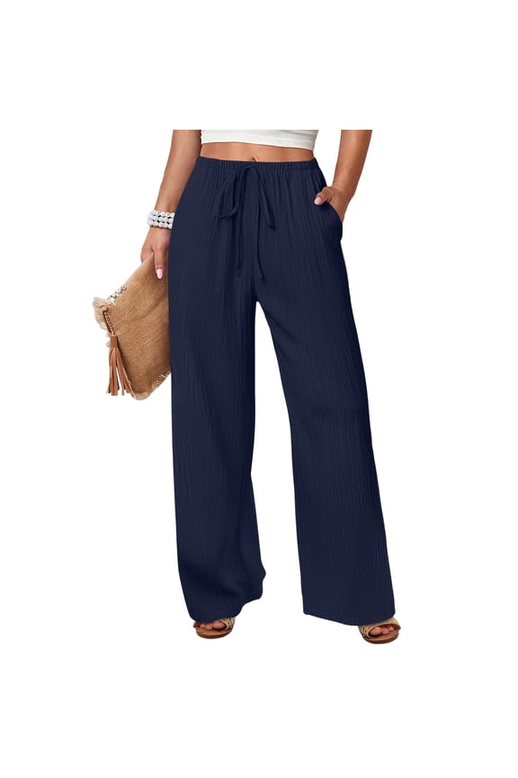 Palazzo Pants for Women Dressy Casual Summer Flowy Wide Leg Beach Pants with Pockets Elastic High Waist Lounge Trousers Navy XL 29" Insaeam