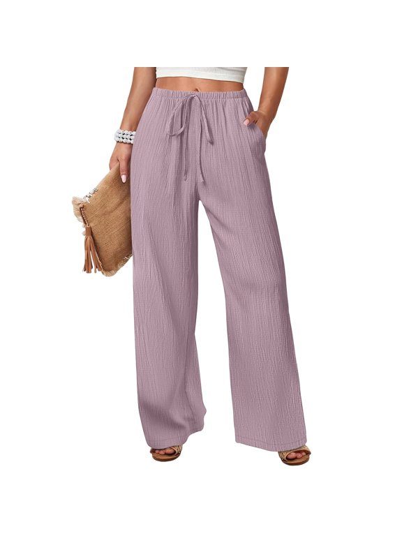 Palazzo Pants for Women Dressy Casual Summer Flowy Wide Leg Beach Pants with Pockets Elastic High Waist Lounge Trousers Pink XL 29" Insaeam