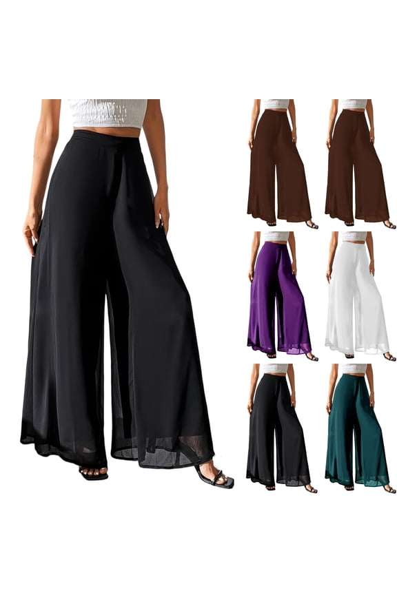 Palazzo Pants for Women Dressy Flowy Chiffon Double Layers Summer Boho Wide Leg Casual Lounge Pants Trouser Black 2XL