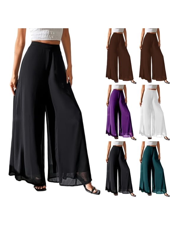 Palazzo Pants for Women Dressy Flowy Chiffon Double Layers Summer Boho Wide Leg Casual Lounge Pants Trouser Black L