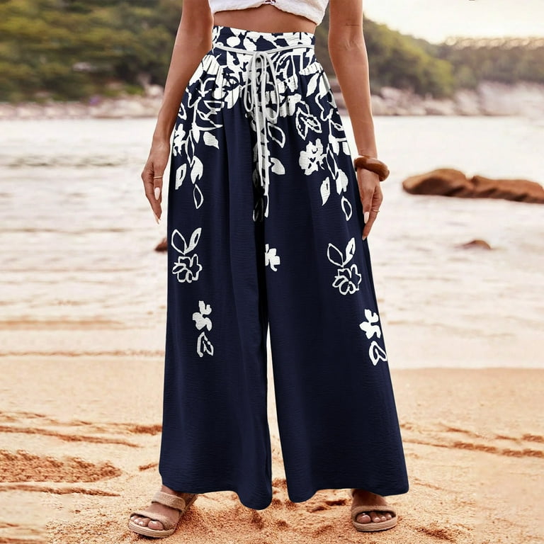 Palazzo Pants for Women Dressy Summer Casual Boho Chiffon Wide Leg Pants Elegant Flowy Beach Pants Navy L