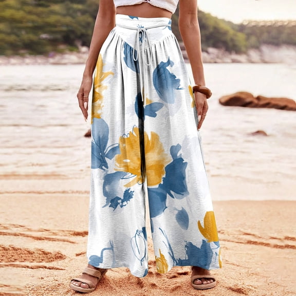 Palazzo Pants for Women Dressy Summer Casual Boho Chiffon Wide Leg Pants Elegant Flowy Beach Pants White L
