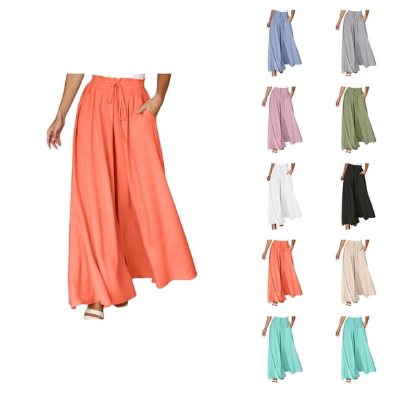 Palazzo Pants for Women Elastic High Waist Wide Leg Loose Fit Lightweight Flowy Beach Pants with Pockets