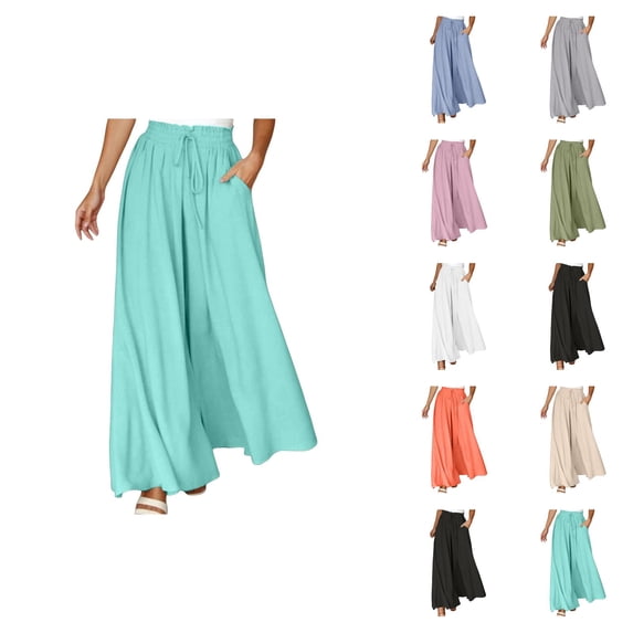 Palazzo Pants for Women Elastic High Waist Wide Leg Loose Fit Lightweight Flowy Beach Pants with Pockets