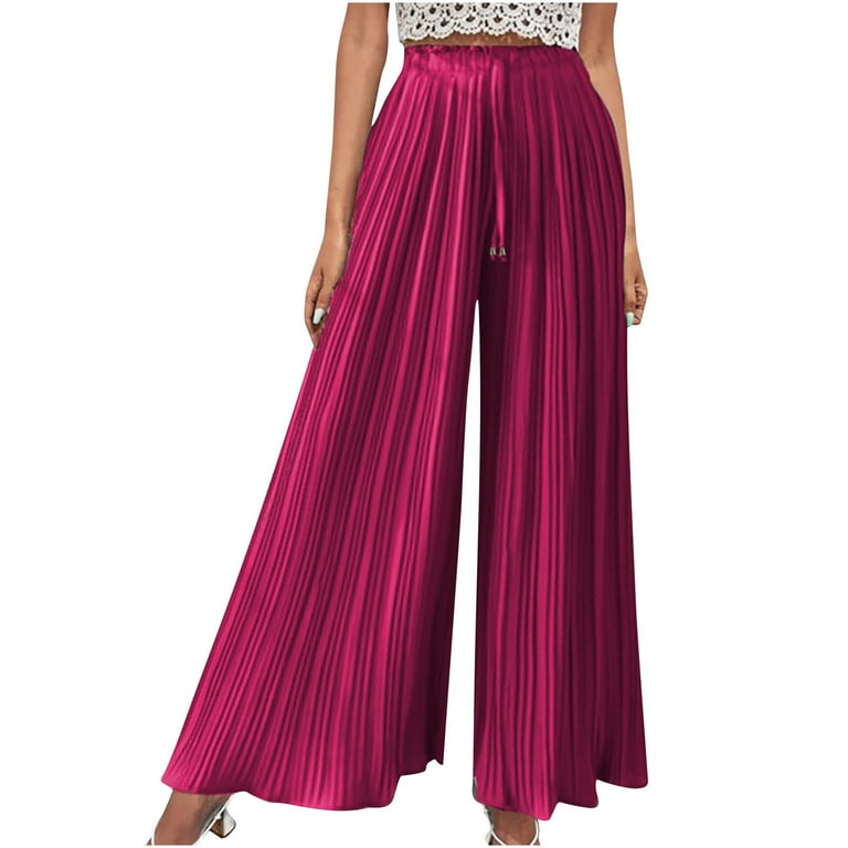 Palazzo Pants for Women Elastic High Waisted Drawstring Pleated Wide Leg Pants Casual Flowy Lounge Trousers Ladies Clothes Walmart