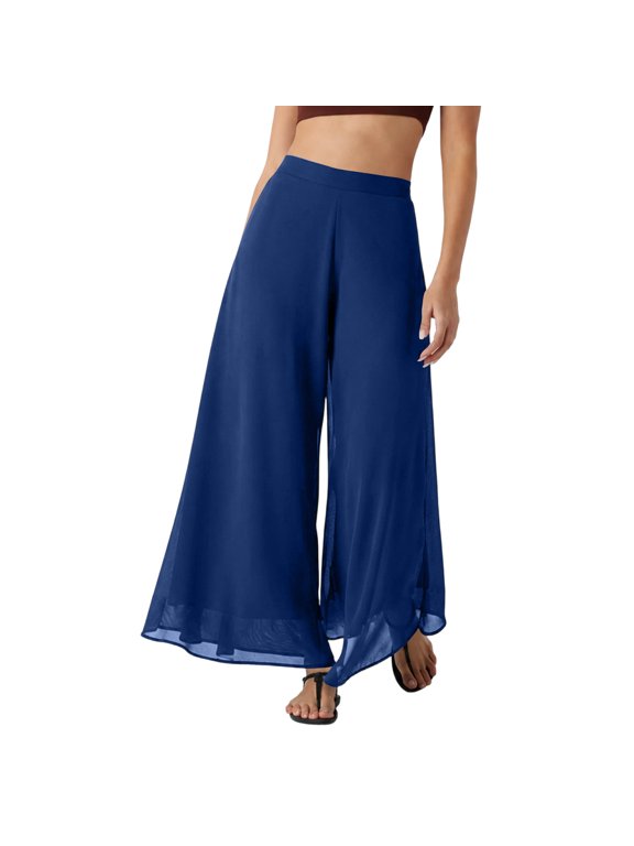 Palazzo Pants for Women Elastic Waist Flowy Chiffon Dress Pants Summer Travel Beach Flowy Wide Leg Lounge Pant Blue S